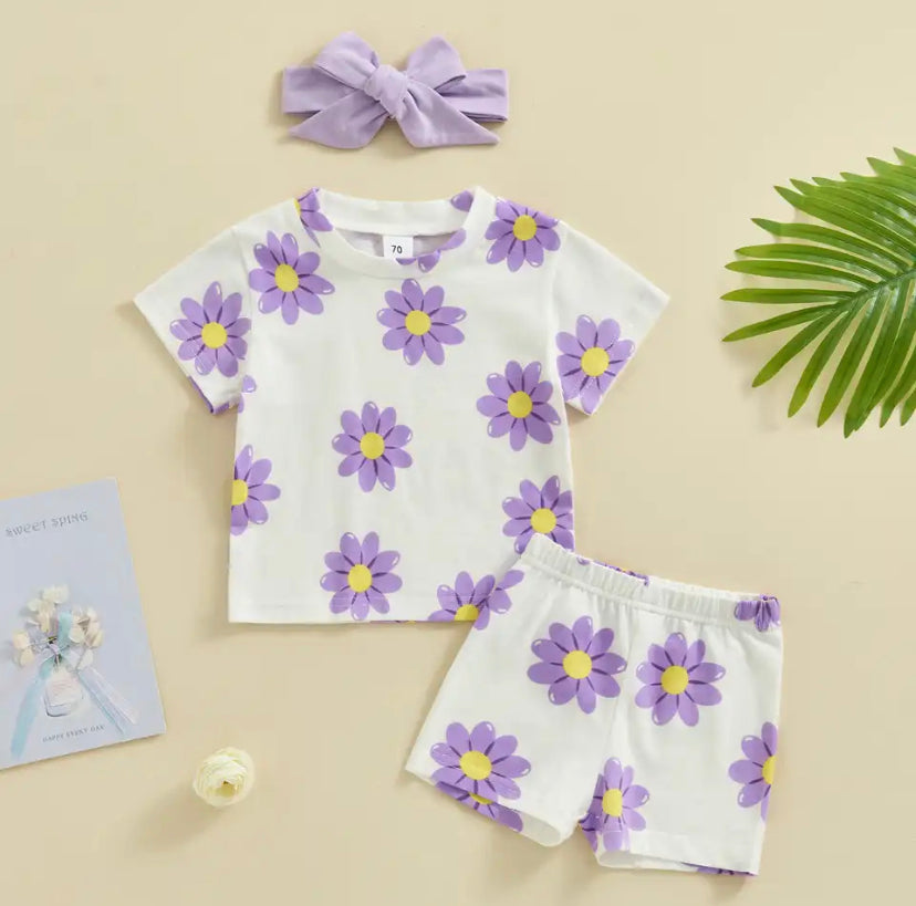 Purple Flower Shorts Set