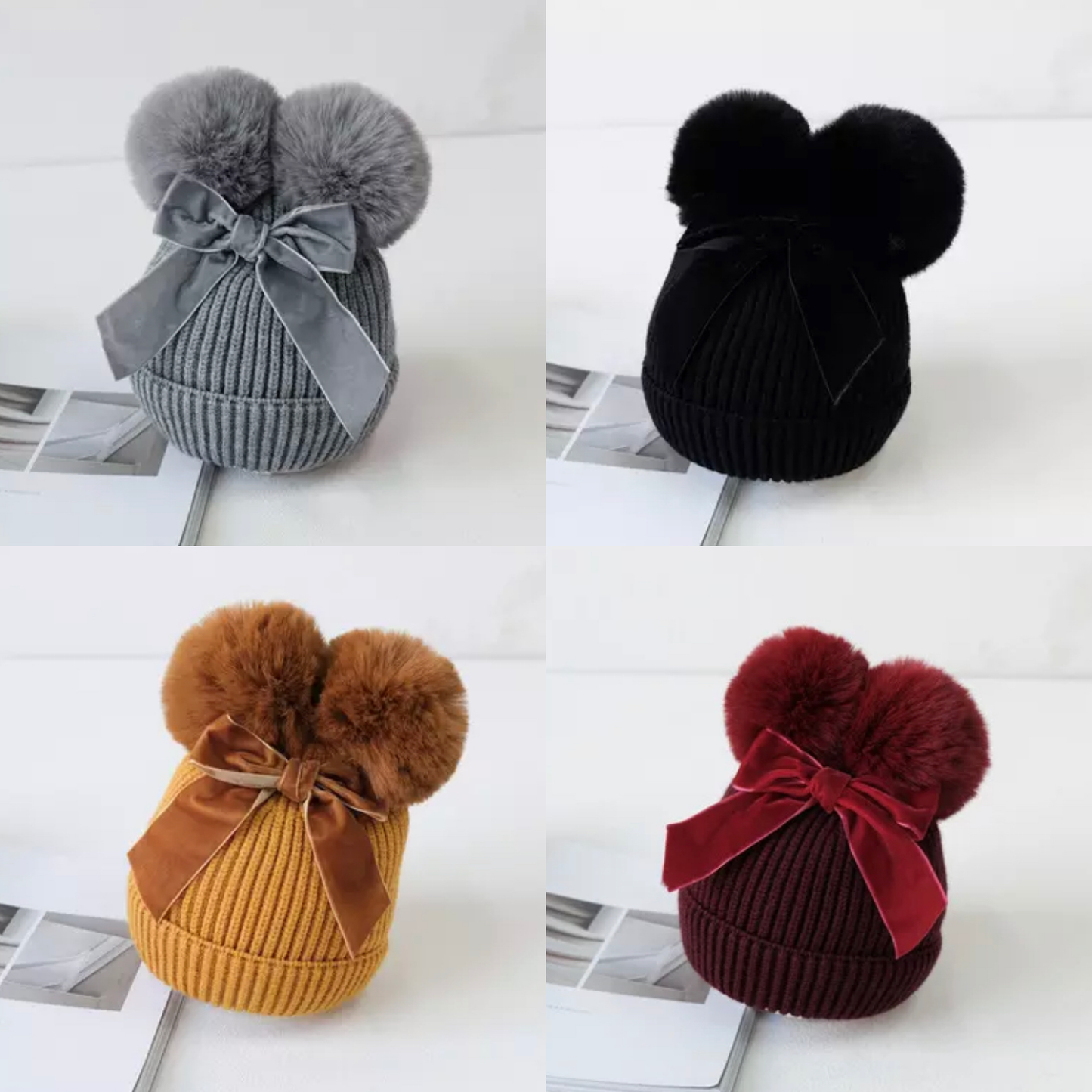 Pom Pom Bow Woolly Hat