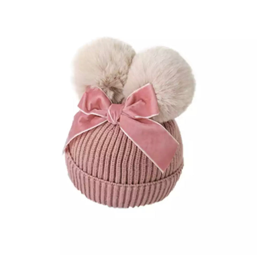 Pom Pom Bow Woolly Hat