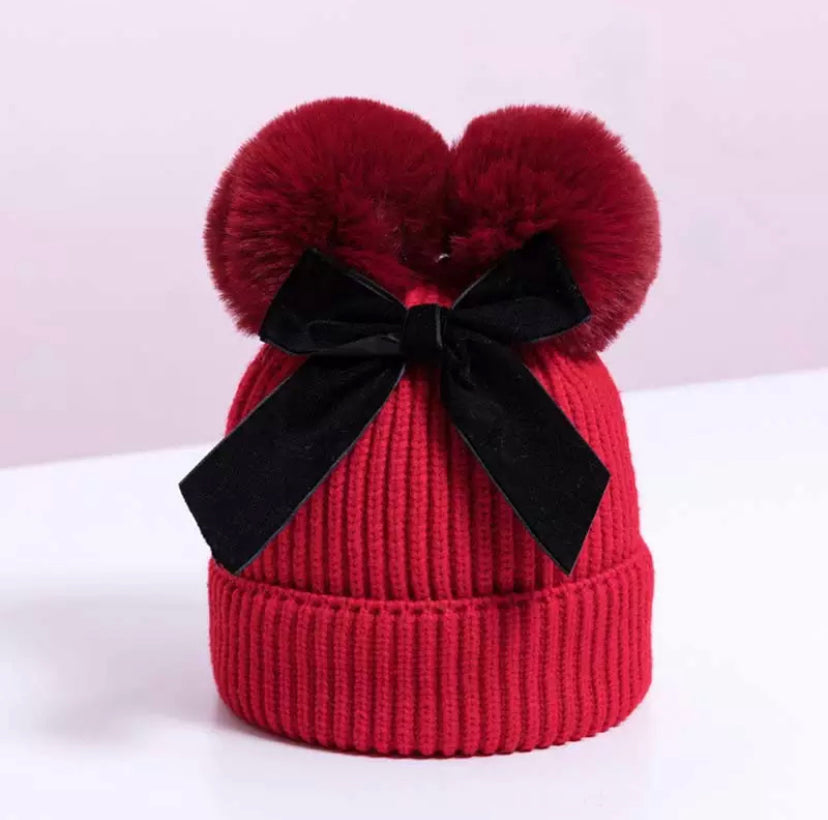 Pom Pom Bow Woolly Hat